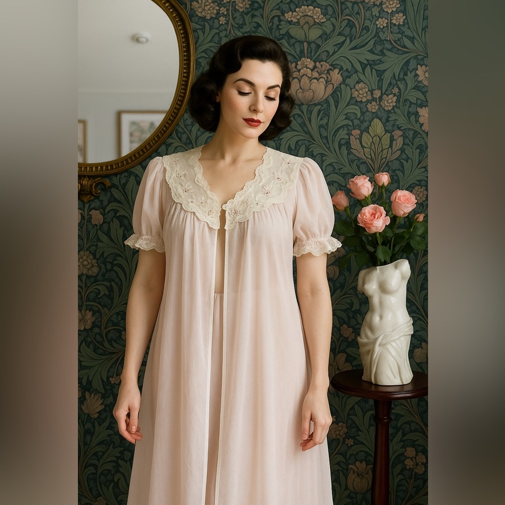 Elegant VINTAGE 1950s Pink Peignoir Puff SLEEVE MID NYLON NIGHTGOWN Vassarette